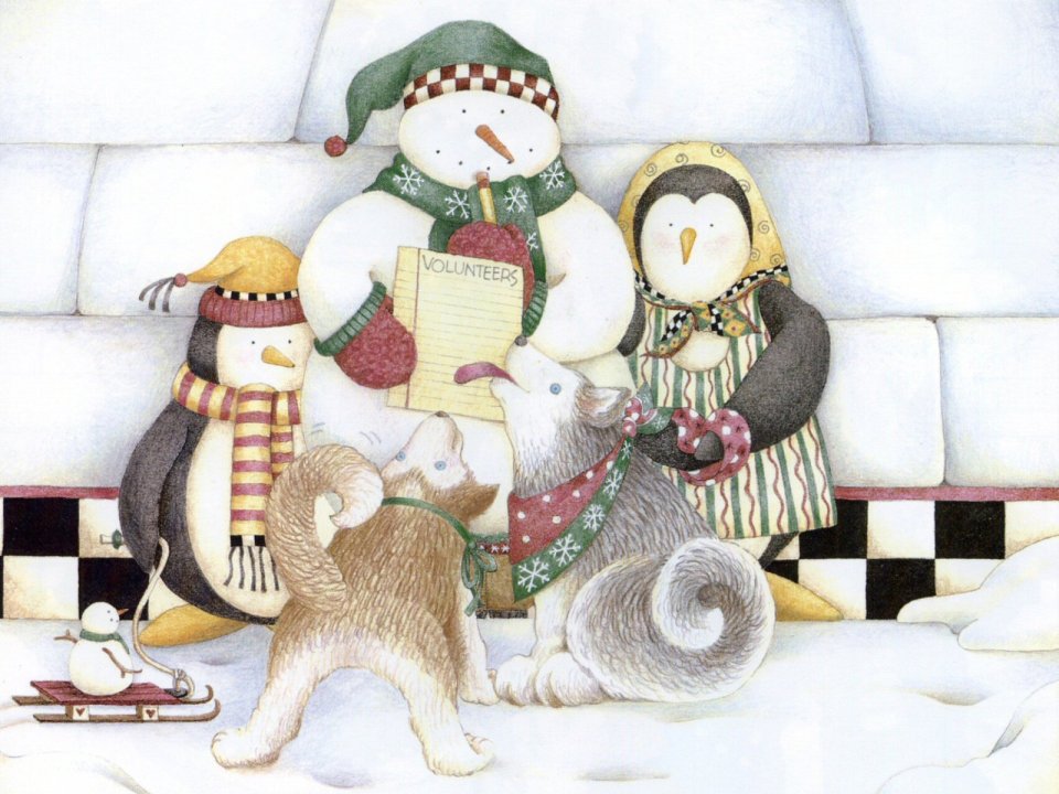 Cozy Winter Illustration Snowman Penguin Husky Volunteers