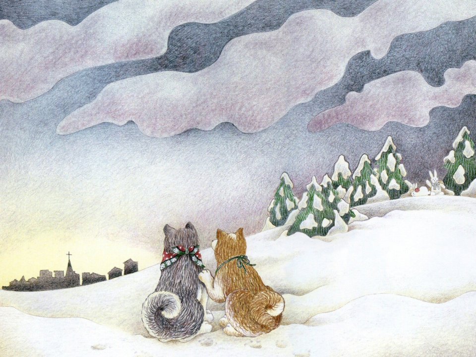 Two Dogs Watching Snowy Cityscape Christmas Illustration