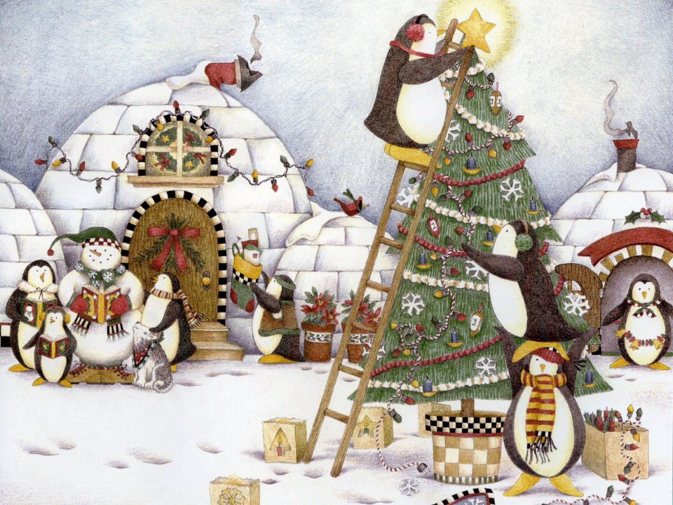 Penguins And Snowman Decorating Christmas Tree