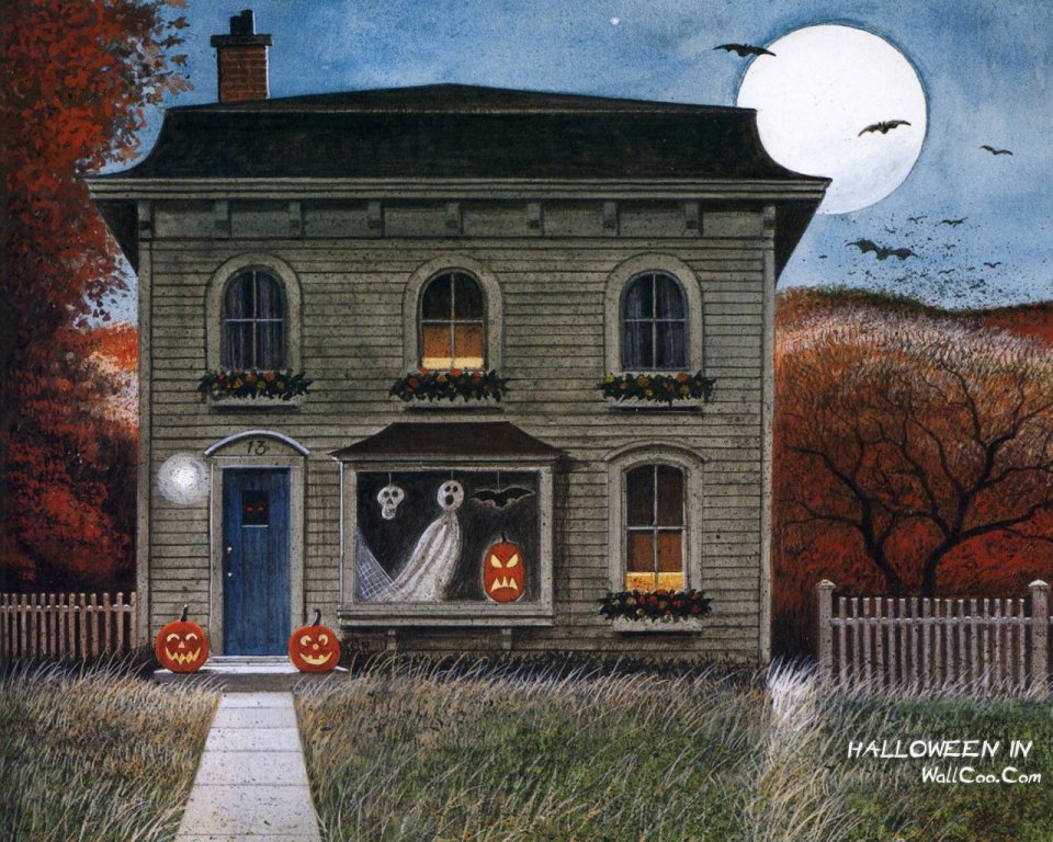 Wendell Minor Halloween Night Ghost House Pumpkins