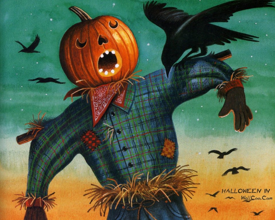 Halloween Pumpkin Head Scarecrow And Crows Illustration