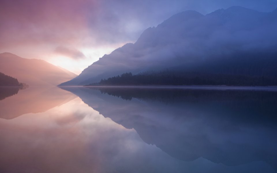 Sunrise Foggy Mountain Lake Mirror Reflection Landscape