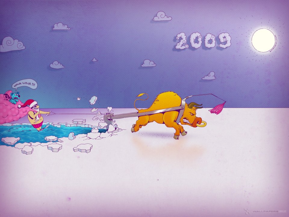 2009年金牛与圣诞老人冰面卡通插画壁纸