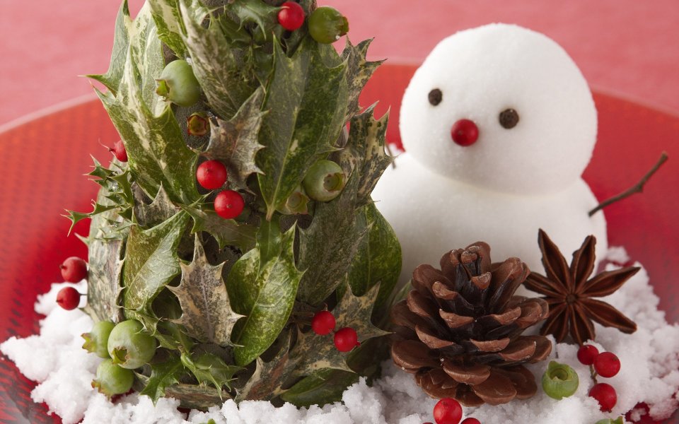 Holly Leaf Christmas Tree And Snowman Still Life