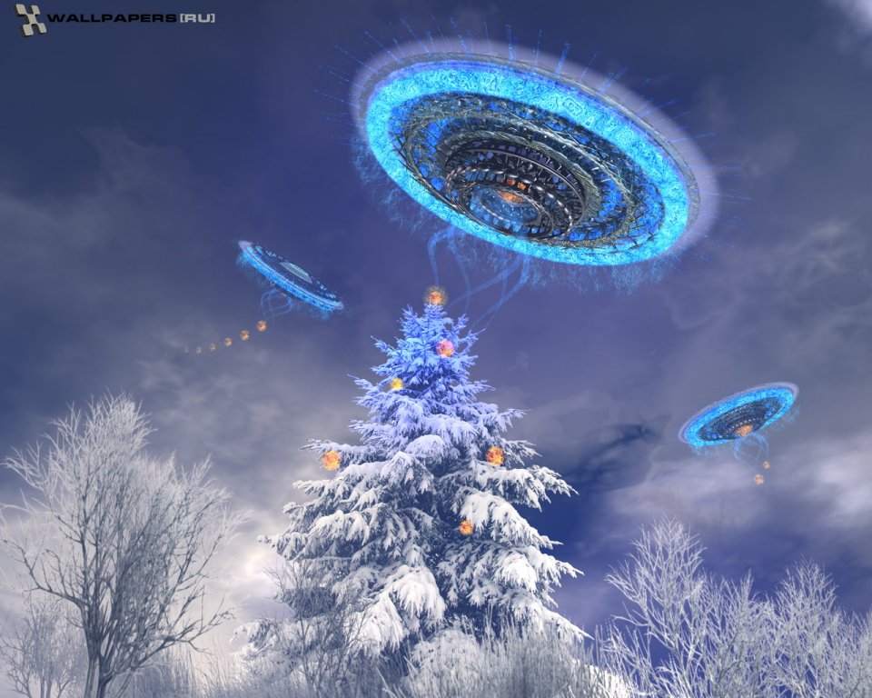 Ufo Landing Snowy Christmas Tree Alien Contact