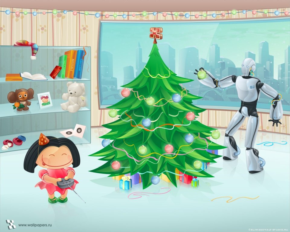 Cartoon Robot And Girl Decorating Christmas Tree