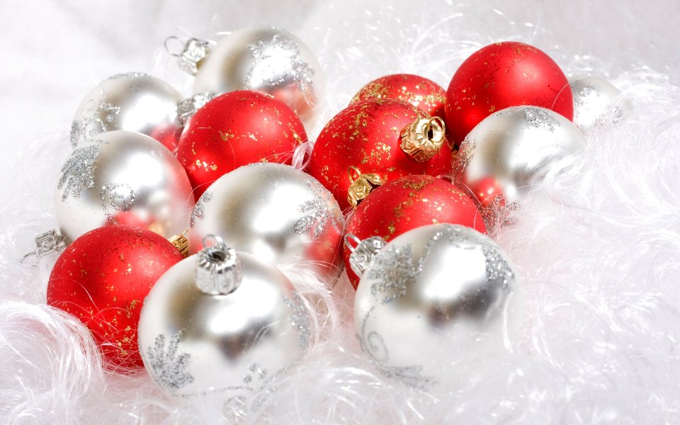 Red And Silver Christmas Ornaments Closeup
