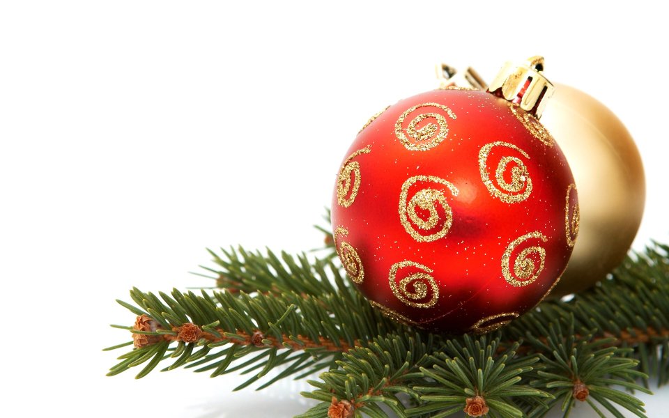 Red Christmas Ball And Pine Branch Closeup