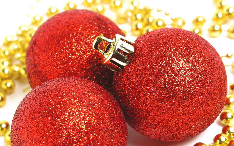 Red Glitter Christmas Ornaments And Gold Beads