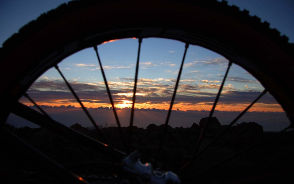 Bicycle Wheel Framed Sunset Sky Natural Landscape