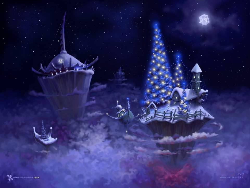 Dreamy Floating Island Christmas Tree Night Sky