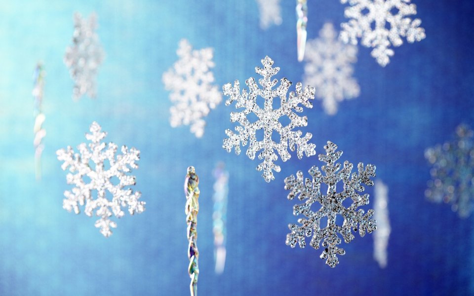 Hanging Ice Crystal Snowflakes Blue Background