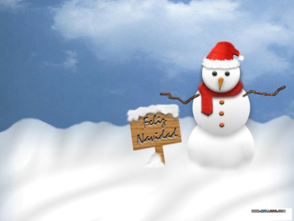 卡通雪人手持Feliz Navidad标牌冬季雪景插画