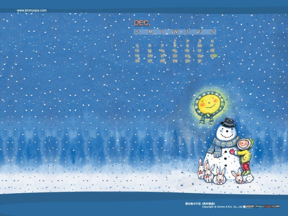 Jimmy水彩插画风格冬季雪景日历壁纸