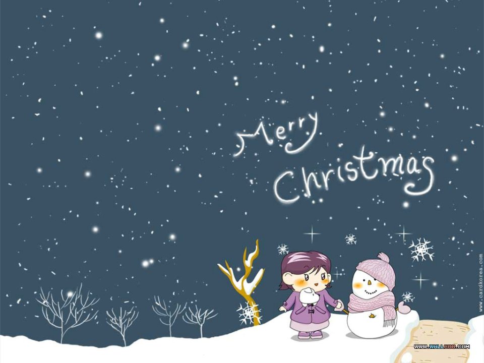 Cartoon Girl And Snowman Merry Christmas Night