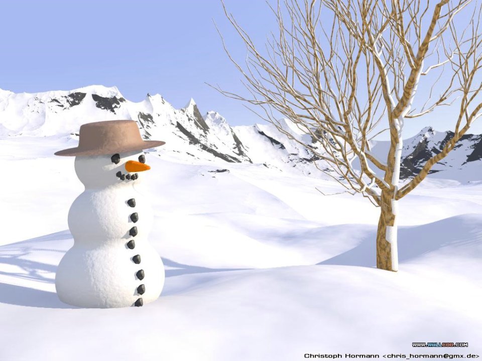 3d Cartoon Snowman Winter Mountain Scenery
