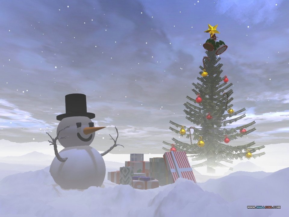 3D Cartoon Snowman And Christmas Tree Winter Scene