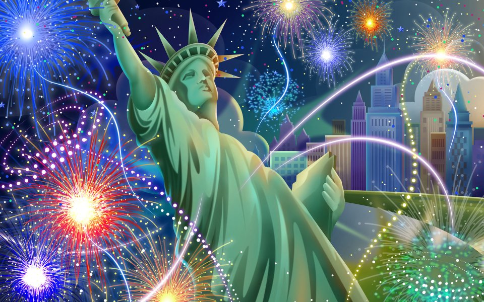 Statue Of Liberty New York Fireworks Night Illustration