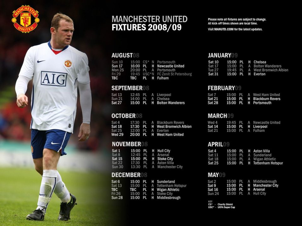 Manchester United 2008 09 Fixtures Wayne Rooney Poster