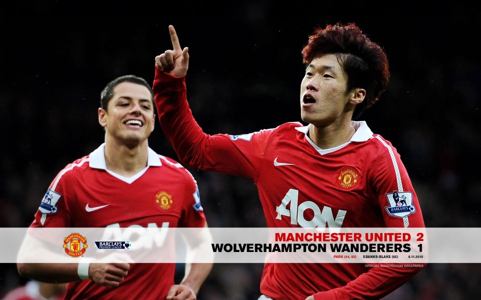 2010年英超曼联2比1狼队 朴智星与埃尔南德斯进球庆祝壁纸