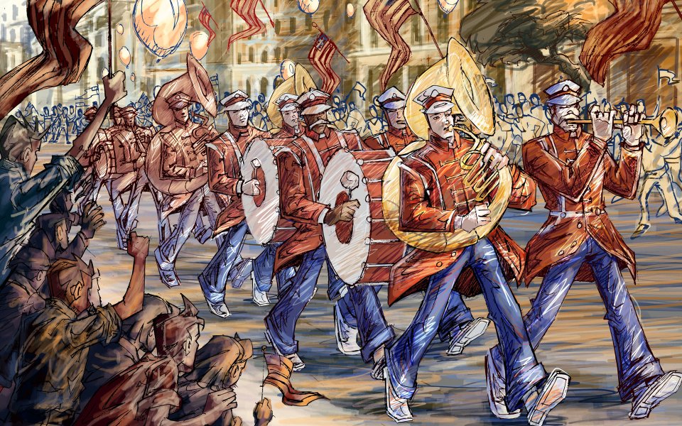 美国独立日街头游行军乐队插画
