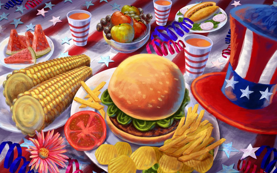 USA Independence Day Food Picnic Watercolor Illustration