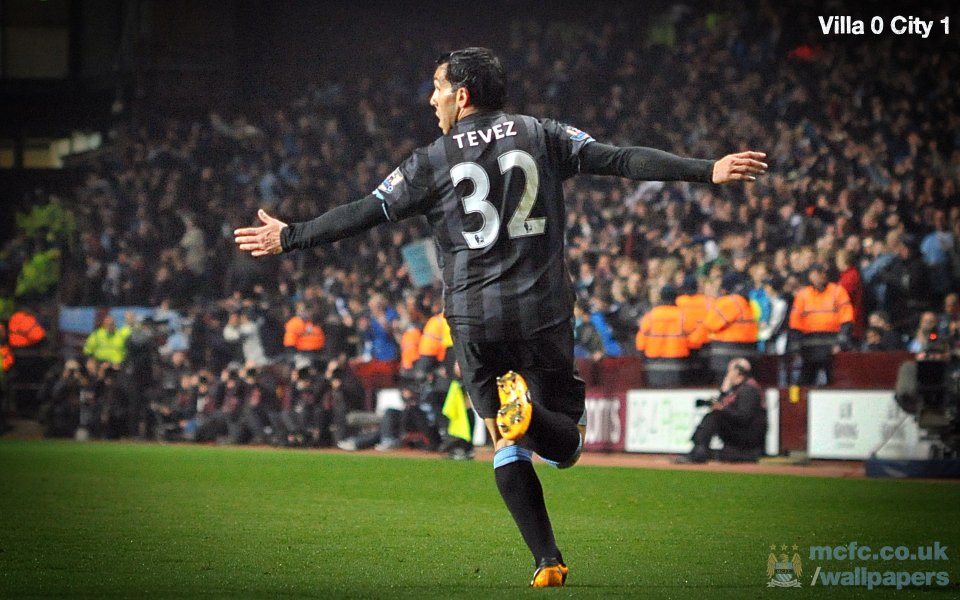 Tevez Celebrates Goal Villa 0 City 1