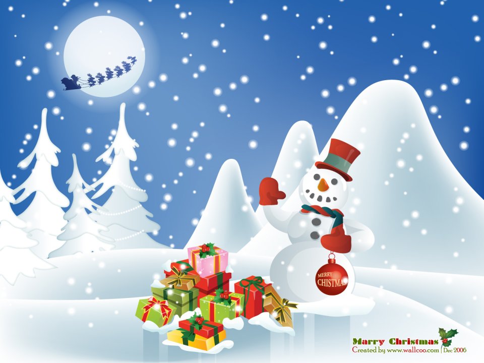 Vector Illustration Snowman Christmas Gifts Night Scene