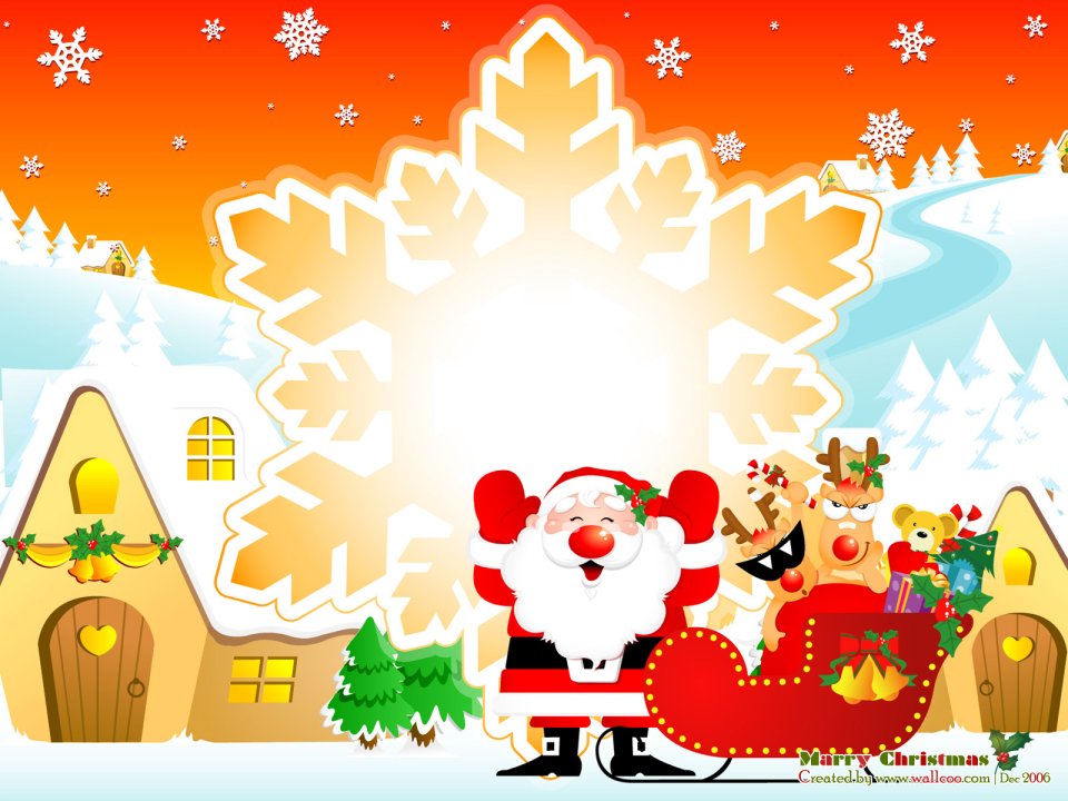 Cartoon Santa Claus Reindeer Sleigh Winter Snow Scene