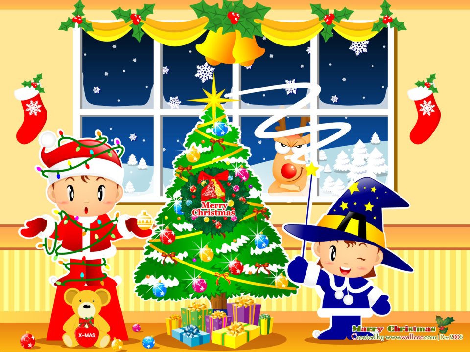 Cartoon Christmas Night Interior Witch And Tree