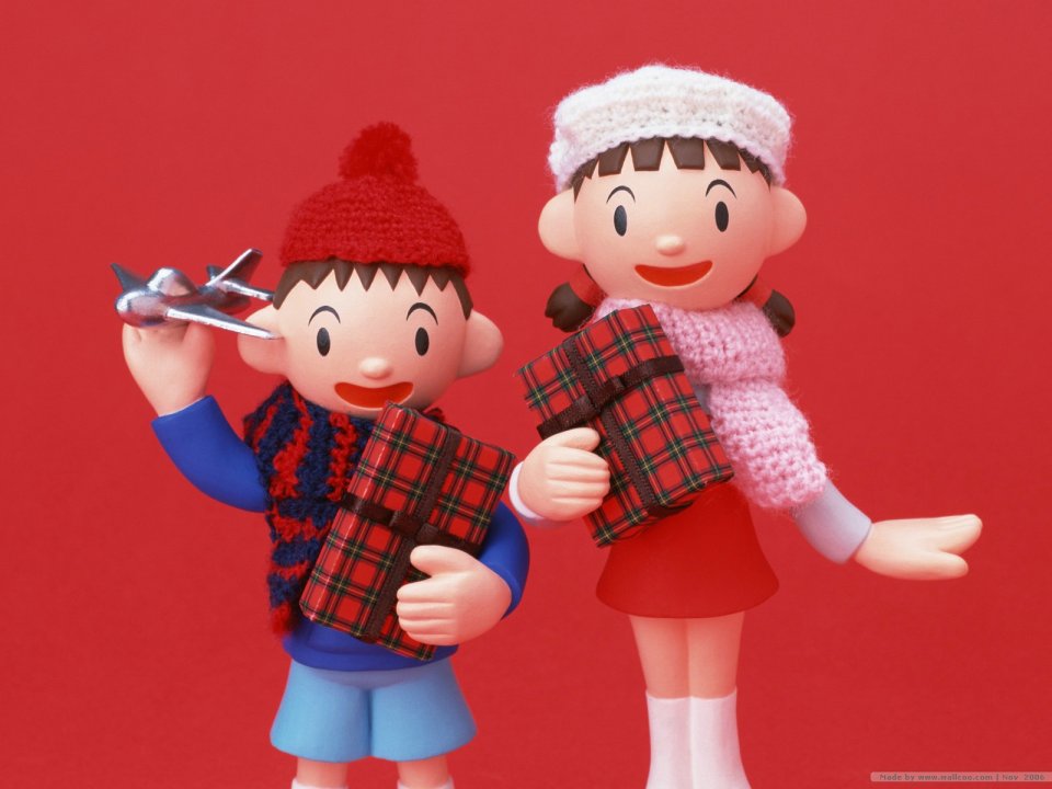 Christmas Dolls With Gifts On Red Background