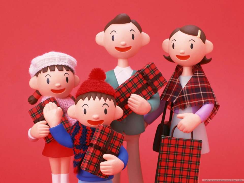 3d Cartoon Christmas Family With Gifts