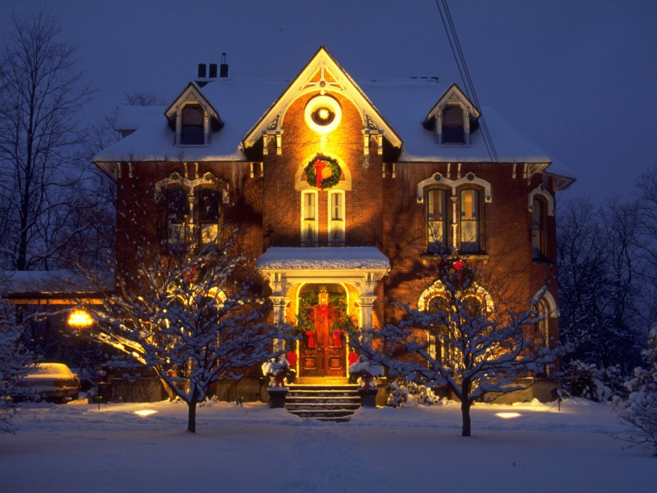 Red Brick Villa Christmas Night Snow