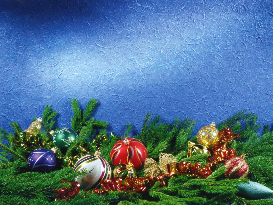 Pine Branches And Christmas Ornaments On Blue Textured Background