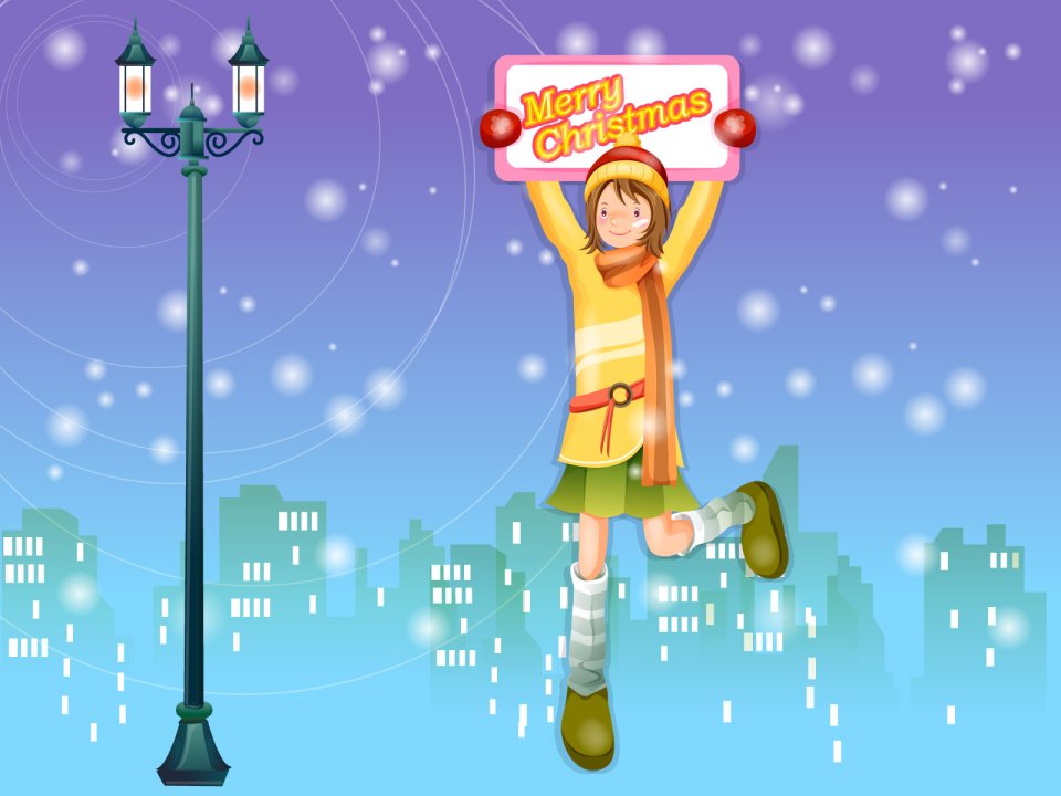 Christmas Girl Holding Merry Christmas Sign City Snow