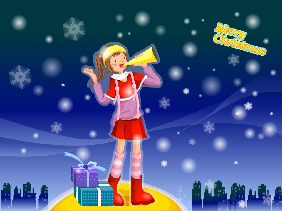 Vector Illustration Christmas Girl Blowing Horn City Night