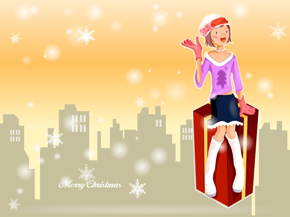 Vector Illustration Christmas Girl Gift Box City