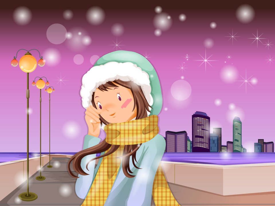 唯美矢量插画：粉色夜空下的冬日城市雪景与戴围巾少女
