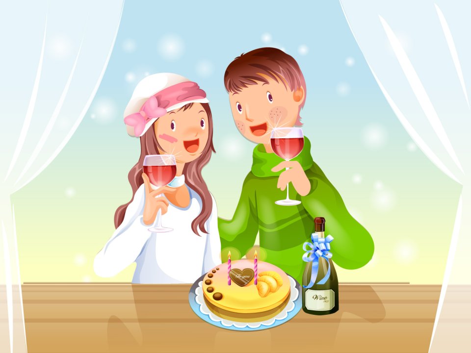 Vector Illustration Couple Celebrating Birthday Wine