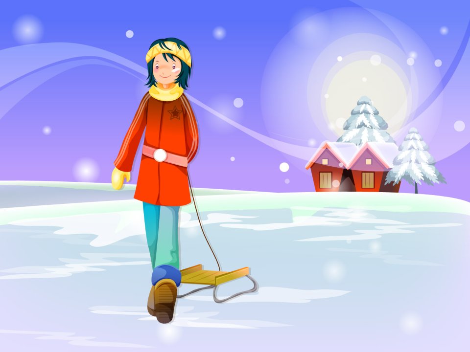 冬日雪景中的卡通女孩拉着黄色雪橇