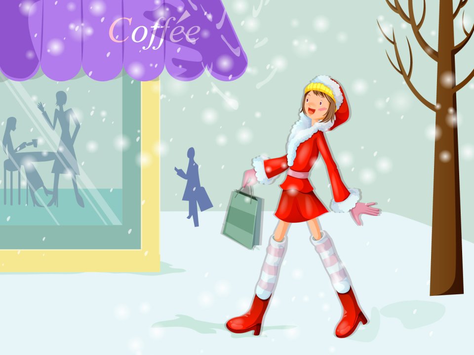 Christmas Girl Winter Shopping Vector Illustration