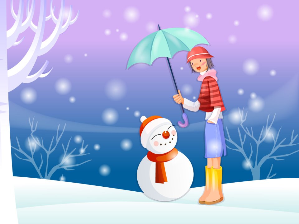冬日童话：撑伞女孩与微笑雪人的矢量插画