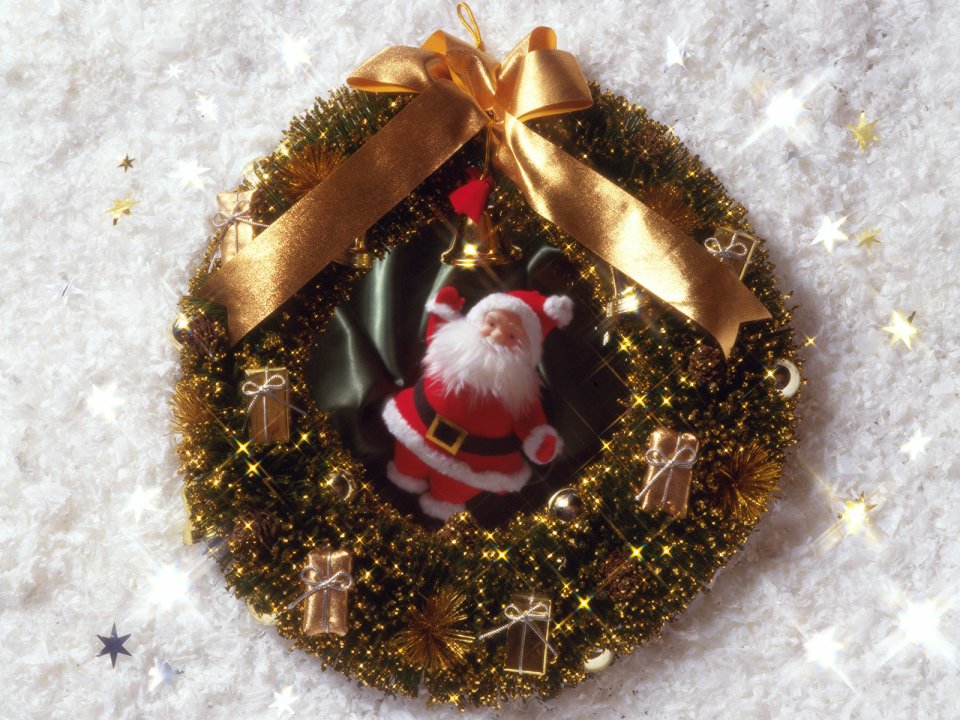 Gold Christmas Wreath With Santa Claus On White Background