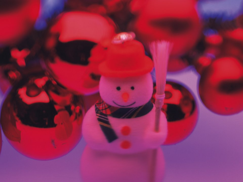 Close Up Red Christmas Decorations And Cute Snowman