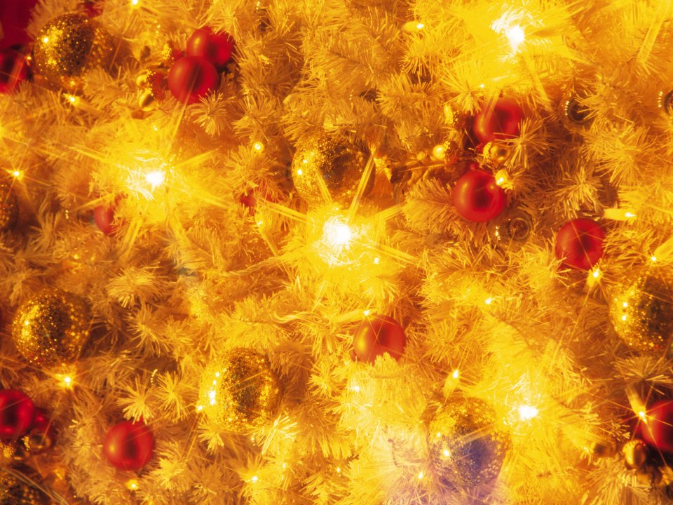 Golden Christmas Tree Red Ornaments Closeup