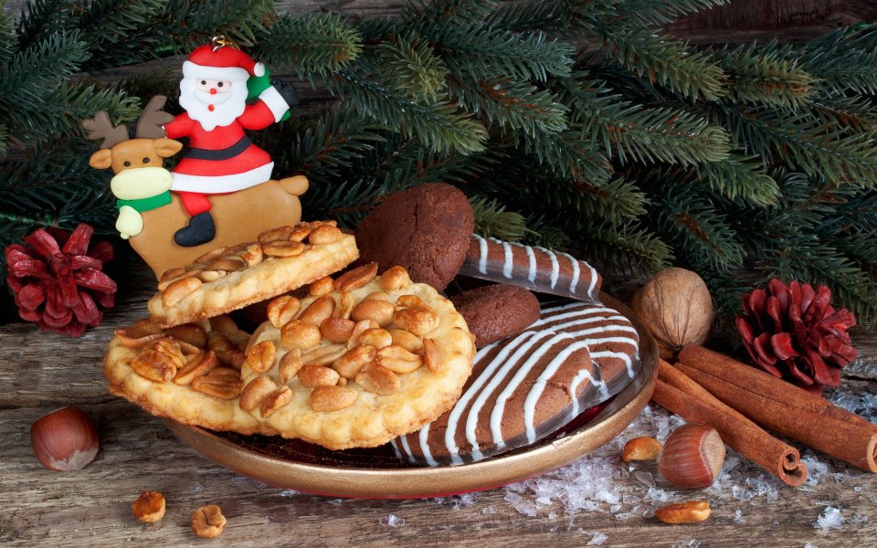 Vintage Christmas Cookies And Decorations On Wood
