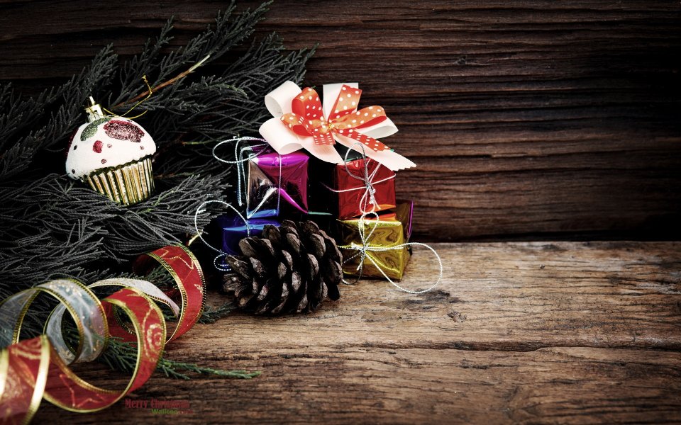 Rustic Wood Christmas Pinecone Gifts Still Life
