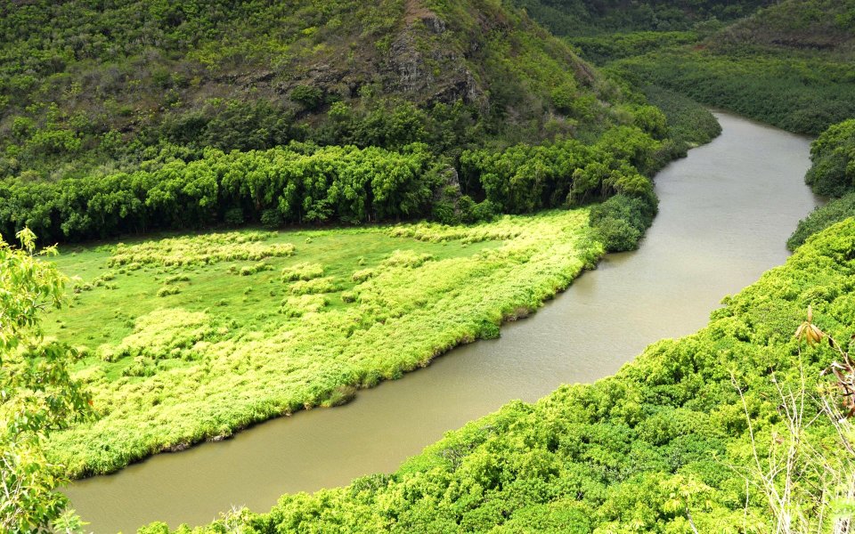 River Winding Through Green Mountain Valley Nature Wallpaper