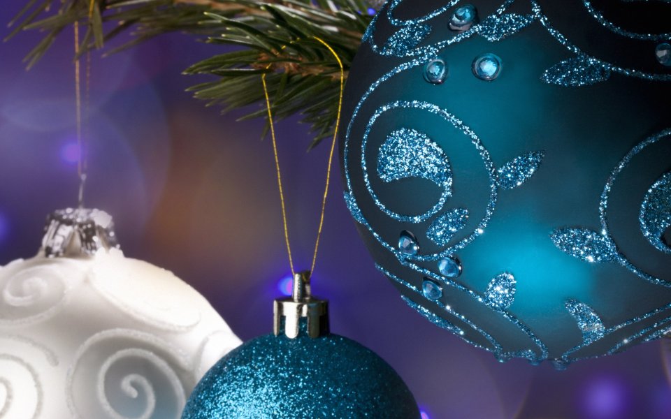 Close Up Blue And White Christmas Ornaments