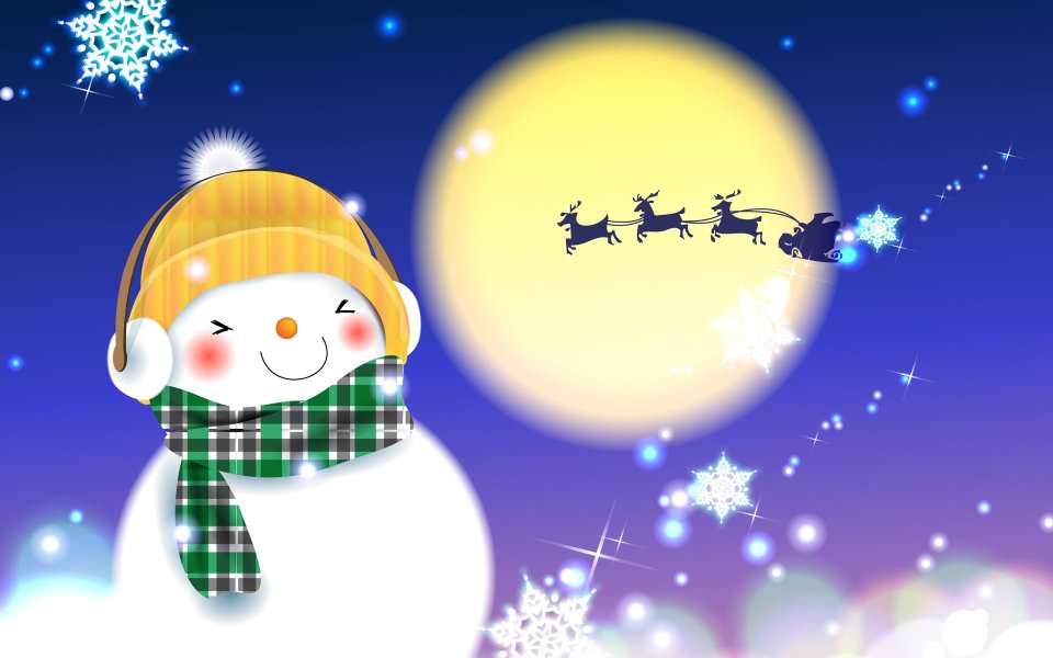 Cartoon Snowman Christmas Night Moon Reindeer Sleigh